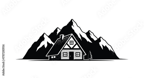 a cozy cabin nestled among towering snow capped mountains