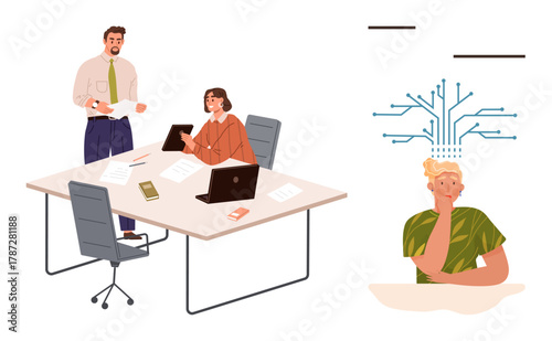 Two professionals collaborate at work table with laptops and documents. Nearby, a woman thinks as digital connections symbolize creative thought. Ideal for teamwork, brainstorming, innovation