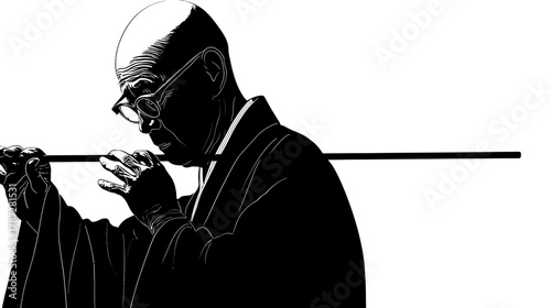 Serene elderly monk in traditional robes holding a staff or flute, black and white vector illustration for spiritual wisdom and focus.