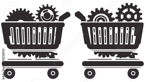 E-commerce Engineering Concept: Shopping Carts Filled with Industrial Gears and Cogs Vector Illustration