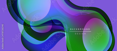 Abstract fluid shapes overlap, creating vibrant color gradients. Purple background enhances dynamic visual effect. Modern design element.