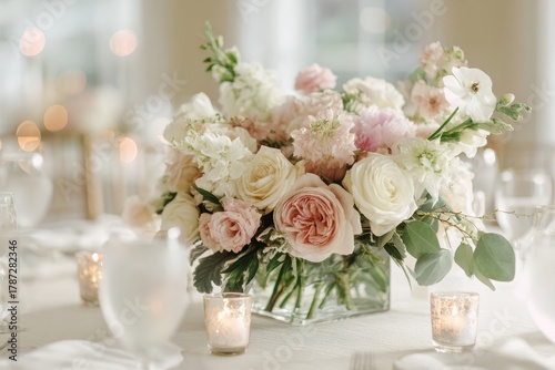Romantic floral arrangement for wedding celebration in soft pink and ivory tones