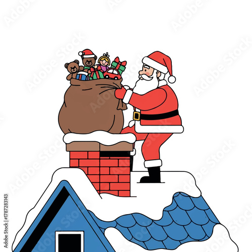 Santa Claus is cheerfully climbing down a snowy brick chimney on a stylized roof, holding his overflowing sack of colorful toys in this vibrant 2D flat vector illustration.
