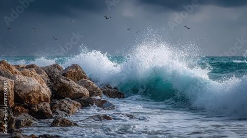 Fototapeta Naklejka Na Ścianę i Meble -  Seascape of curling wave, spray, and mist on a gray-blue shoreline