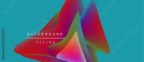 Abstract vibrant shapes overlap turquoise backdrop. Modern design elements create dynamic visual impact. Text reads background design.