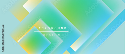 Abstract background features overlapping translucent squares. Colors blend from light blue to vibrant green, creating modern design.