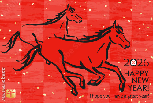 2026年　日本の年賀素材　市松模様に馬