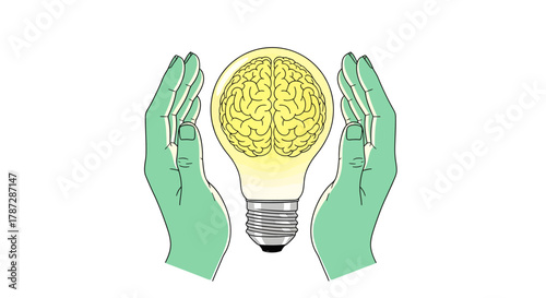 Protecting innovative ideas with care and nurturing brain power, a symbol of intelligence and creativity illuminated in a lightbulb concept