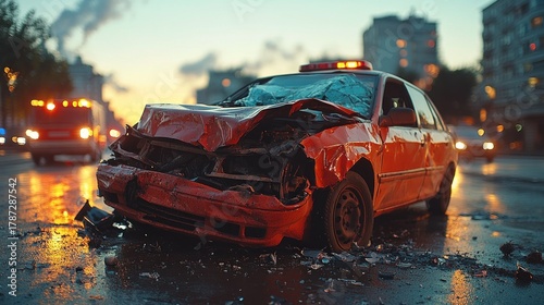 Damaged red car in city street accident at dawn