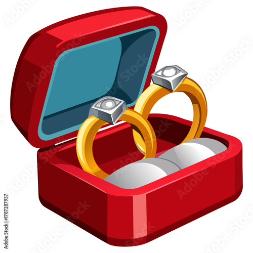 “Golden Wedding Rings in Red Jewelry Box Engagement and Marriage Vector Illustration”