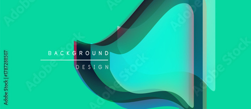 Abstract design features flowing shapes, vibrant turquoise background. Modern aesthetic, layered elements create depth, visual interest.