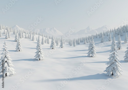 Serene winter wonderland unfolds with snow-covered evergreen trees and distant majestic mountains under a clear, pale sky, evoking peaceful solitude and breathtaking natural beauty for your projects.