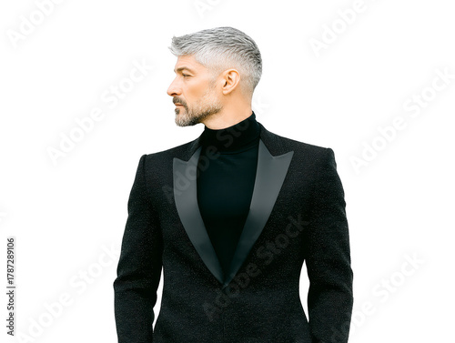 Elegant mature man with gray hair and beard wearing black tuxedo and turtleneck, looking to side, isolated on transparent background, confident and stylish expression