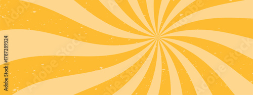 Groovy swirl starburst background. Retro spiral rays. Vintage abstract pattern with grunge texture. Funky wave bg.