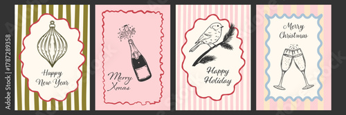 Hand drawn ink sketch Christmas cards. Posters with bauble, champagne, winter bird in trendy whimsical style.