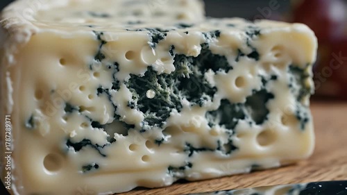Macro shot of a blue cheese slice showing detailed texture