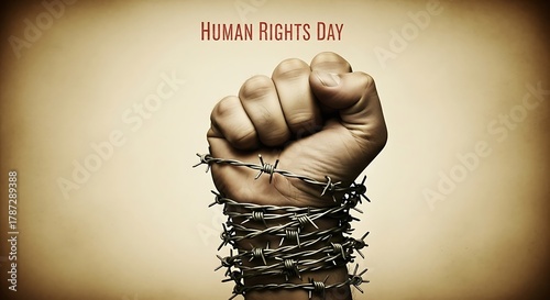 Human rights day illustration with fist wrapped in barbed wire on beige background