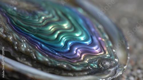 Macro Shot of a Polished Abalone Shell Displaying Iridescent Texture