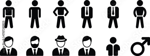 Minimalist male icons set, black and white business symbols, people silhouette pictograms for profile, communication, and corporate identity design