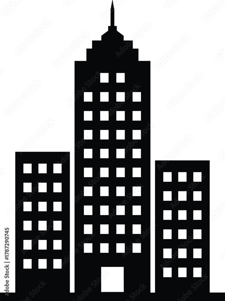 Fototapeta premium Modern skyscraper silhouette, minimalist black and white city building, urban architecture icon, office tower vector, high-rise skyline illustration