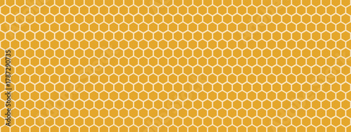 Honeycomb pattern on yellow background. Repeating cells in grid formation. Vector design with regular structure and mesh effect. Template for textile, farm product packaging, or food graphics.