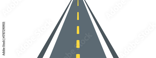Road with perspective view showing highway stretching toward horizon on white backdrop. sphalt illustration displays yellow lane markings, creates depth effect with vanishing point. Vector graphic