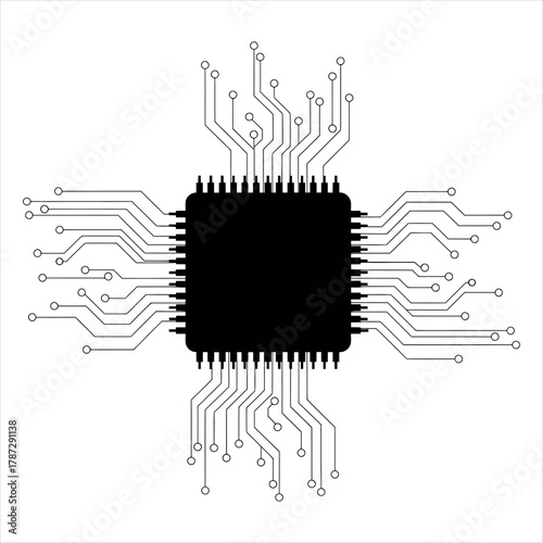 Black square computer chip with pins isolated on transparent background