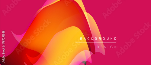 Abstract fluid shapes blend, creating vibrant orange, red, yellow gradients. Pink backdrop complements design elements. Modern, dynamic composition.