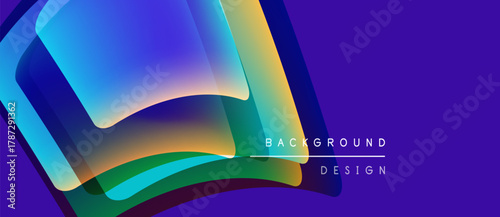 Abstract vibrant layers create dynamic composition. Purple backdrop emphasizes colorful curves, modern design elements present.