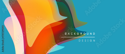 Abstract colorful shapes overlap, creating dynamic visual effect. Bright hues blend with blue backdrop. Modern design element.