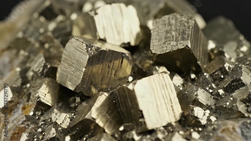 Macro Shot of Shiny Pyrite Crystals in a Stone Cluster