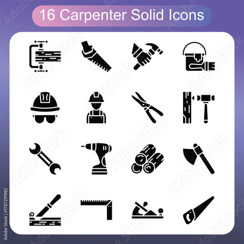 Woodworking Tools And Carpenter Equipment Solid Icons Set