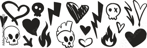 “Grunge doodle set of hearts, skulls, flames, and lightning symbols in black. Hand-drawn punk style vector illustration for tattoo or street art design. Edgy graphic elements collection.”