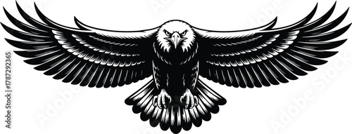 Powerful black and white eagle illustration with open wings, flying bird of prey vector art symbolizing strength, freedom, and courage