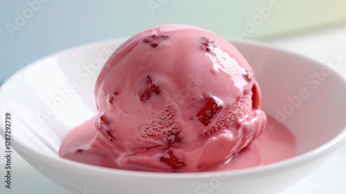 Perfect scoop of pink strawberry ice cream in a white bowl