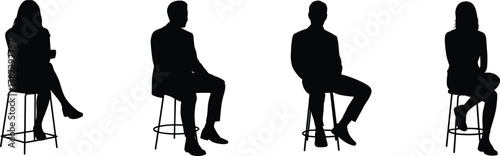 Set of 4 black silhouettes of people sitting on stools, vector illustration of men and women in casual poses