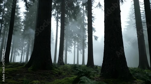 Misty pine forest landscape with tall trees in moody atmosphere