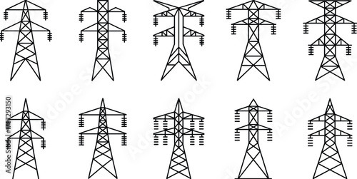 Set of 10 black and white electricity transmission towers, vector illustration of power pylons and high voltage line structures