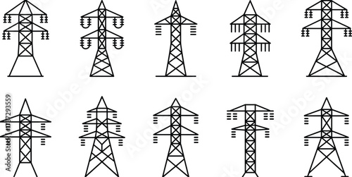 Set of 10 black and white electricity transmission towers, vector illustration of power pylons and high voltage line structures