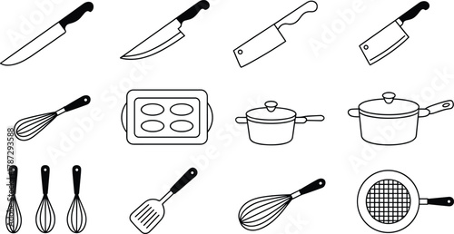 Set of 12 black and white kitchen utensil icons — minimalist cookware and chef tool line art illustrations for design projects