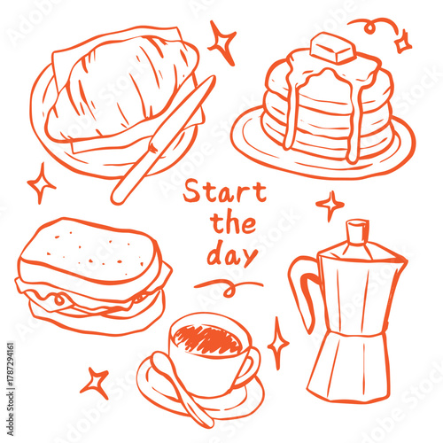 Start the day cafe elements croissant sandwich coffee and pancake doodle illustration