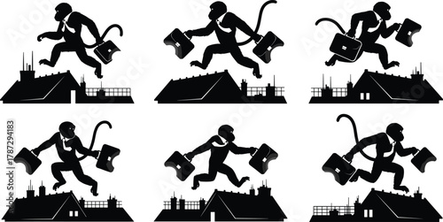 Business monkey silhouettes running on rooftops with briefcases, urban hustle concept, black vector set, cad drawing flat vector illustration