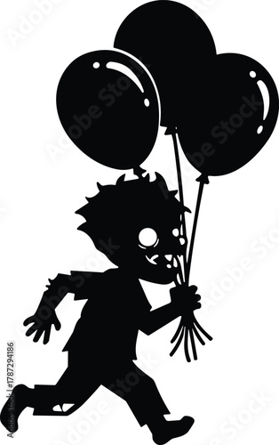 Child silhouette running with balloons, spooky cartoon figure with tattered clothes and open mouth, cad drawing flat vector illustration