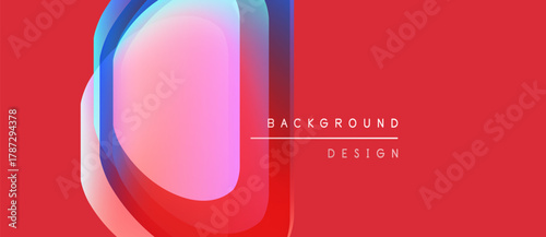 Abstract red background features overlapping translucent shapes. Gradient colors create dynamic visual effect. Modern design element.