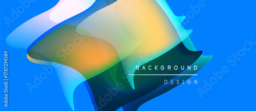 Abstract fluid shapes overlap, creating vibrant color gradients. Blue background complements orange, yellow hues. Text reads background design.