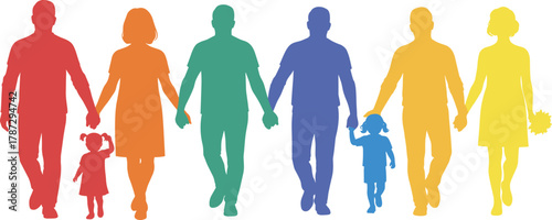 Colorful family silhouettes walking hand in hand, diversity and inclusion concept, cad drawing flat vector illustration for themed artwork