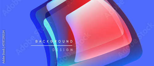 Abstract geometric shapes overlap, creating vibrant color gradients. Blue background complements red, pink, turquoise hues. Modern design element.