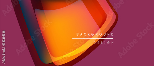 Abstract design features layered shapes, vibrant orange hues, purple backdrop. Modern aesthetic, smooth gradients create depth. Text reads background design.