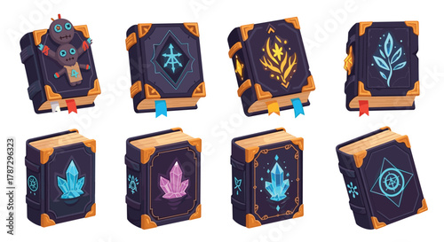 Collection of various fantasy magic spell books with mystical symbols, voodoo dolls, and glowing crystals, isolated on a white background.