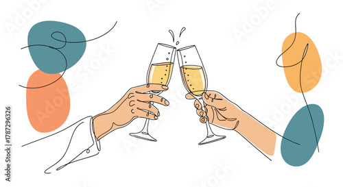 Minimalist line art illustration of two hands toasting with champagne flutes, set against an abstract background, embodying celebration and success.